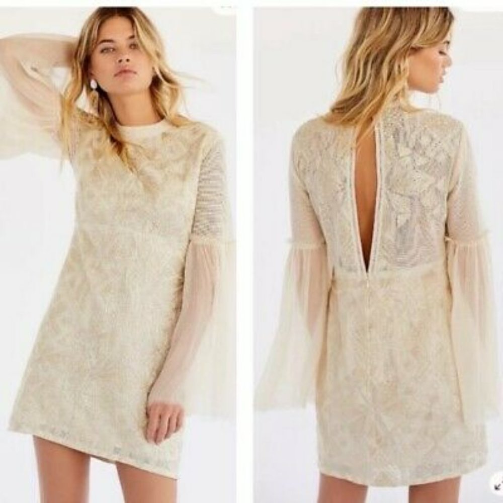 🌬️ Free People Womens Cleo Embroidered Cream Boho Mini Dress 🌾